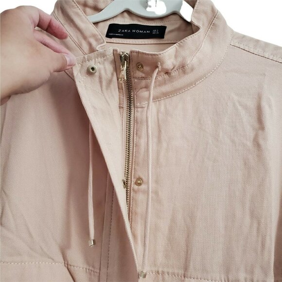 Zara Jacket Womens Small Blush Pink Zip Snap Front Drawstring‎ Hem Mock Neck - Picture 3 of 10